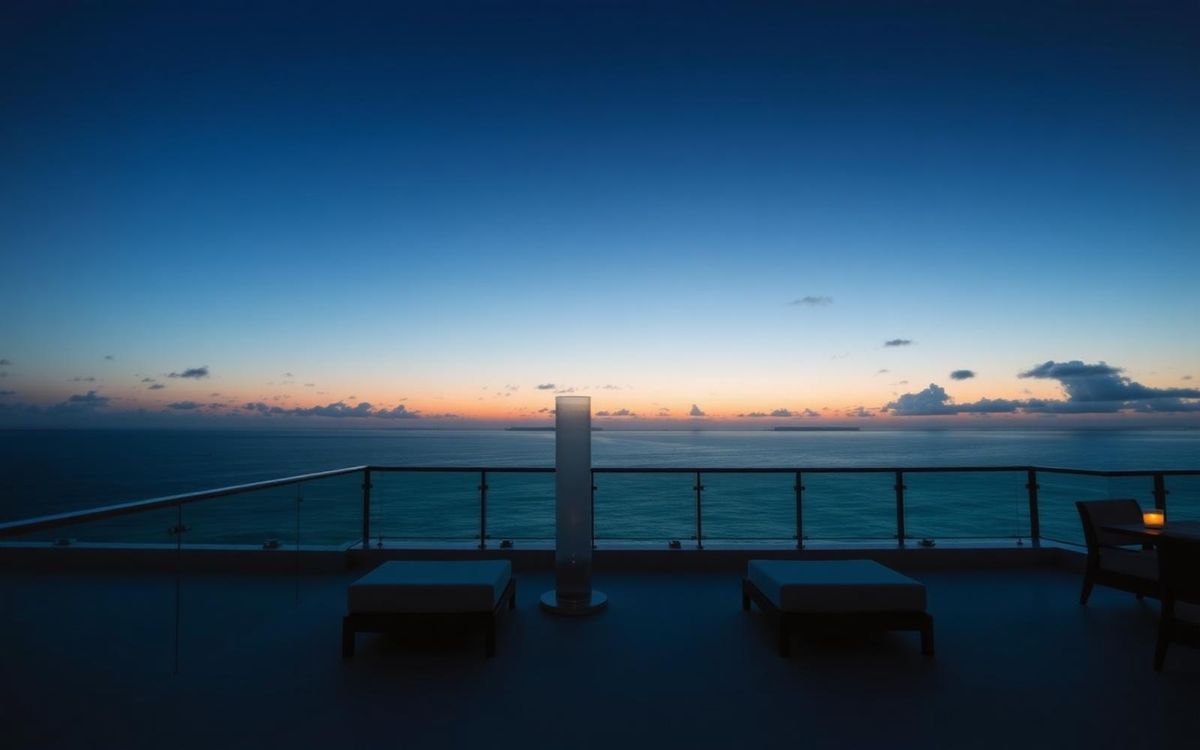 Terrasse d'hôtel face à la mer des Caraïbes au crépuscule