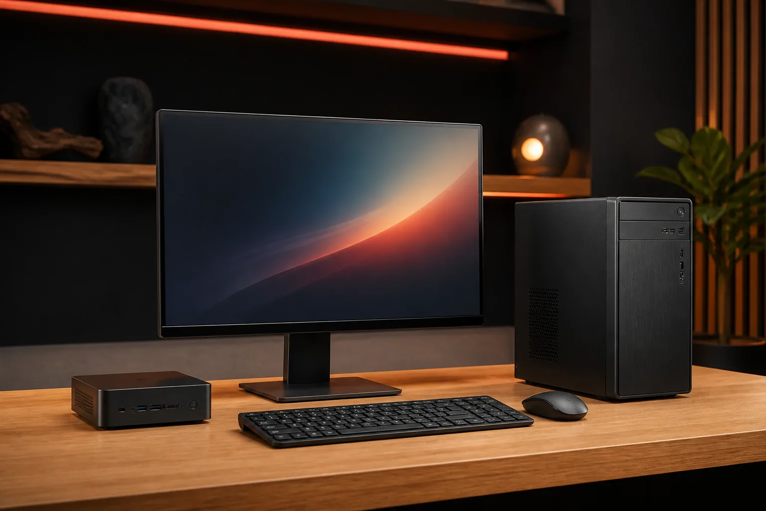 Illustration générique d'un PC fixe et d'un mini-PC professionnel