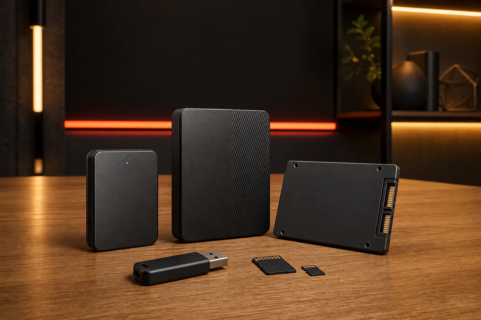 Illustration générique de SSD, disques externes, clé USB et cartes mémoire